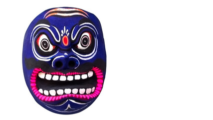 Chhau (or Chhou) mask displayed in a handicraft fair at West Bengal. Dancer uses this mask while performing at traditional tribal Chhou dance festival in India. White background.