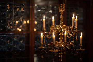 Splendid chandelier with lit candles in a beautiful room of an old mansion