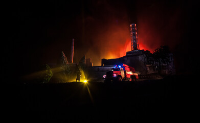 Chernobyl nuclear power plant at night. Layout of Chernobyl station during nuclear reactor...