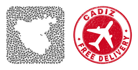 Vector collage Cadiz Province map of air plane elements and grunge Free Delivery badge. Mosaic geographic Cadiz Province map constructed as stencil from rounded square shape with moving out aircraft.