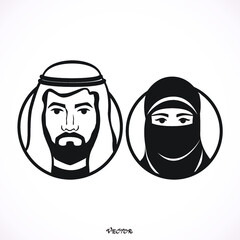 Muslim man and woman.Traditional arab couple. flat style. black icon on isolated on white background