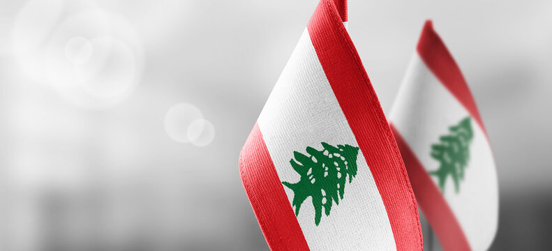 Small national flags of the Lebanon on a light blurry background