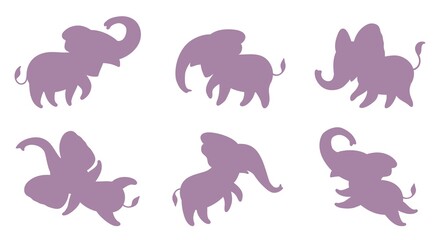 Set of pink silhouettes of little elephants. Cute cartoon elephants in different poses. Vector illustration isolated on white background.