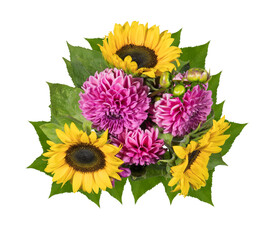 bouquet of sunflowers pink violet yellow isolated with clipping ​path​