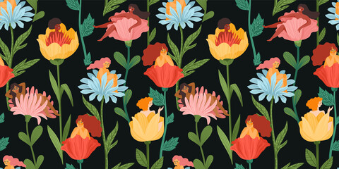 Seamless pattern with women sitting in flowers. Concept for International Women s Day and other. Vector template