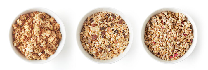 Set of whole grain muesli isolated on white, from above
