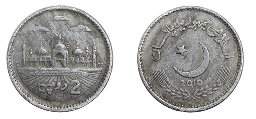 Pakistan two rupees coin on a white isolated background