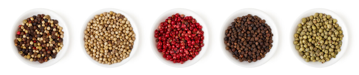 Set of pepper isolated on white, top view