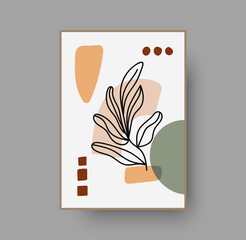 Botanical wall art abstract vector. Foliage line drawing. Neutral boho art print. Minimal mid century wall art print for bedroom decor. Gallery decor poster, terracota watercolor for bohemian interior