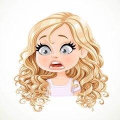 Beautiful cartoon blond girl with magnificent curly hair fear emotion portrait isolated on white background