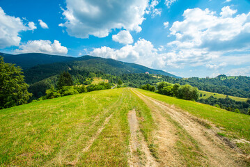 road as it goes along a mountain range in the woods on a clear day blue sky with clouds.
