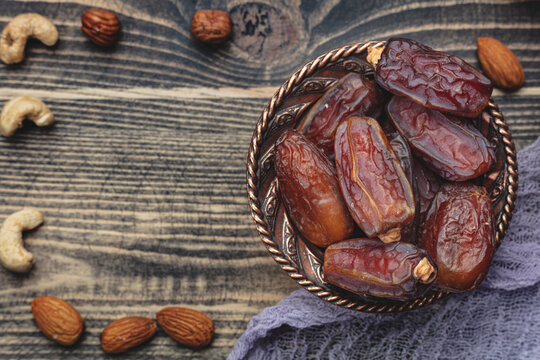 Ramadan concept with dried of dates. Top view