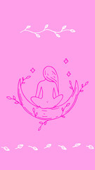 Woman sitting on a half moon on pink background. Hand drawn vector illustration. Vertical design for greeting cards, certificates, invitations
