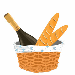 basket with champagne and baguette