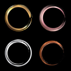Set of golden, pink gold, silver, copper metallic circle brush strokes for frames design elements isolated on black background