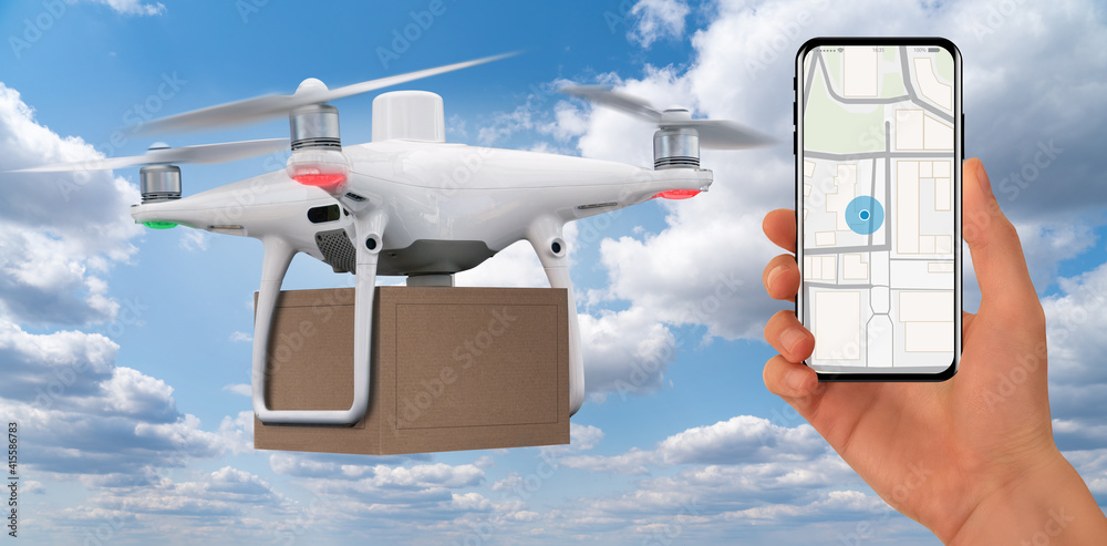 Poster hand with phone on background of delivery drone. on the screen a map with a location marker.