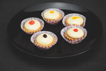 selective focus of cheese tart on the table with a cinematic light.