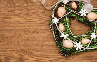 Easter wreath flat lay, top view. Place for text