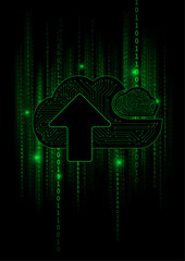 Vector : Cloud and arrow with green binary code on black background