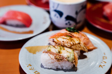 Sushiro restaurant in Taipe, Taiwan. Sushiro is the large chain of conveyor belt sushi restaurant in Japan.