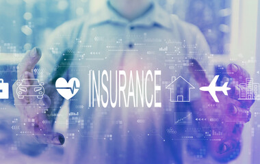 Insurance concept with young man holding his hands