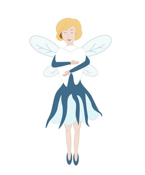 A cute tooth fairy holds a milk tooth in her hands and smiles happily. Isolated image on a white background.