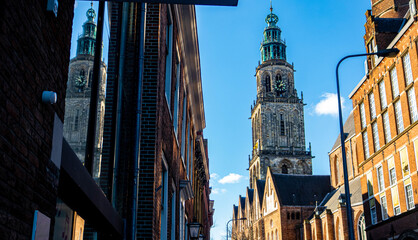 Beautiful view of the Martinikerk tower in Groningen, Netherlands - obrazy, fototapety, plakaty