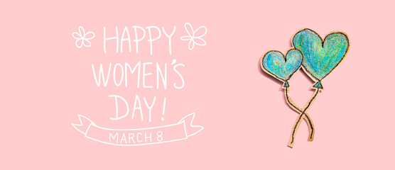 Happy women's day message with hand draw blue hearts - flat lay