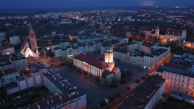 Olawa, Poland. Aerial cityscape with historic building of Town Hall at dusk
