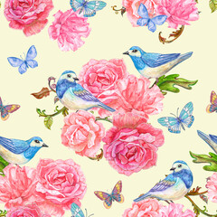 seamless texture with fancy roses and little blue birds. watercolor painting