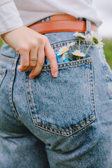 chamomile in woman back pocket