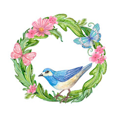 floral wreath with butterflies and little funny bird. watercolor painting