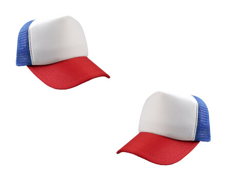 Two-tone baseball cap mock up isolated on white background. Baseball hat. Two-color Sports Hat Mockup Set. Clothing Template On White Background. Uniform Items. Textile Jeans Hats.