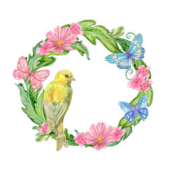 floral wreath with butterflies and yellow bird. watercolor painting