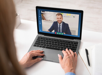 Virtual Meeting. Unrecognizable Female Entrepreneur Communicating With Business Partner Via Web Conference