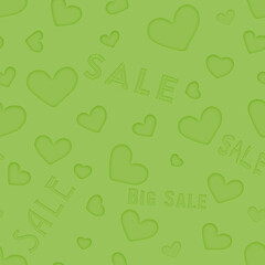 Seamless square background, heart and the word SALE. green text on a green background. Seamless background concept for design and sales, advertising