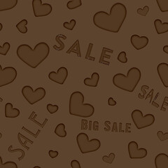 Seamless square background, heart and the word SALE. brown text on a brown background. Seamless background concept for design and sales, advertising
