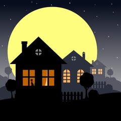 Stylized night landscape with a village house and trees. Vector illustration.