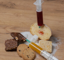 Zucker und Süßigkeiten, Schokolade, Zucker und Kuchen mit Einwegspritze auf einem Holzbrett