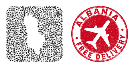 Vector collage Albania map of air force items and grunge Free Delivery stamp. Mosaic geographic Albania map created as subtraction from rounded square using coming out air force symbols.