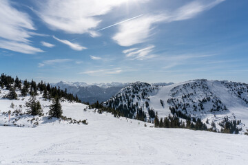 Fototapeta na wymiar Hochkar in Lower Austria, snow covered skiing resort during winter.