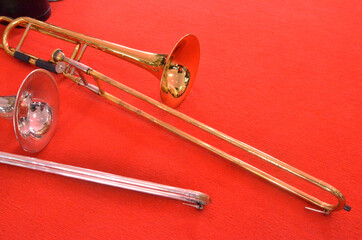 Tramped  on red background space for put document .Music concept 