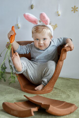 Funny young toddler boy wearing a bunny rabbit costume chewing on a carrot and looking on us. Happy Easter time. Easter traditions