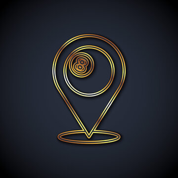 recommend clip art: Gold line Map pointer with billiard pool snooker ball with number 8 icon isolated on black background. Vector.