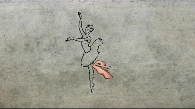 Animation of drawing a ballerina on a concrete wall. Dance, hand, pencil drawing, pointe shoes, creativity, art