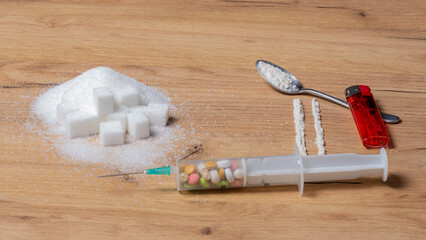 Zucker und Kokain auf einer Schieferplatte, was macht süchtiger Zucker oder Kokain