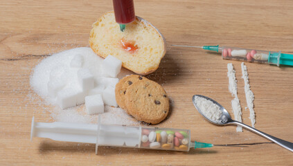 Zucker, Kuchen und Kokain auf einer Schieferplatte, was macht süchtiger Zucker oder Kokain