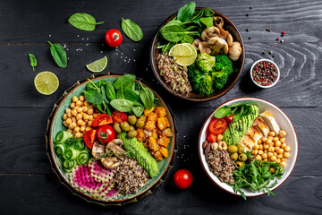 Set buddha bowl. Clean and balanced healthy food concept. Chicken grilled meat, green vegetables,...