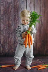 Cute young toddler boy holding a very big fresh ripe carrots in his hands. He stands in front of a wooden background. Space for text