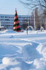 A path in the snow leading to the New Year's tree. Russia